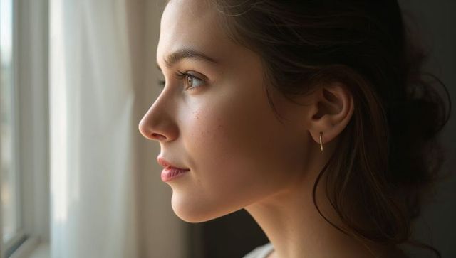 Young woman gazing through window with soft natural light and gold hoop earring