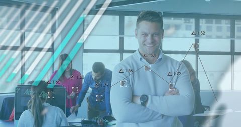 Diverse Team Collaborating with Financial Data Overlay