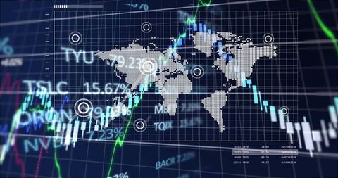 Digital World Map Overlapping Financial Trading Screen