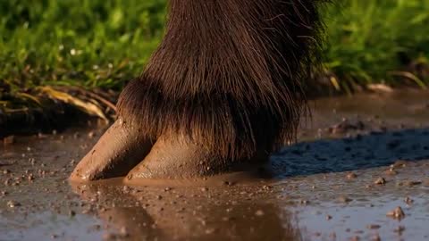 Cloven Hooves Pressing into Muddy Puddle at Pasture Edge Creating Ripples Slow Motion Closeup
