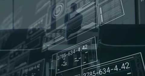 Executive monitoring hud dashboards with numeric readouts and translucent data overlays