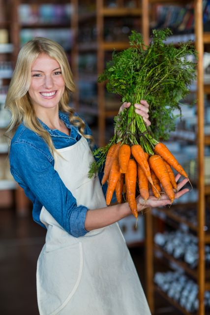 Portrait of smiling staff holding bunch of carrots in organic section of supermarket