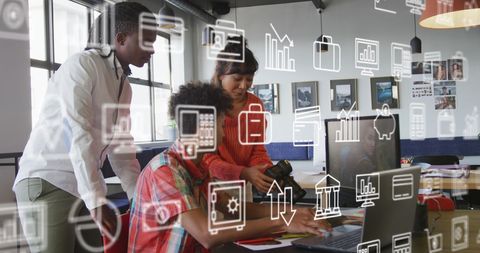 Diverse Team Discussing Reports with Digital Technology Overlay in Modern Office