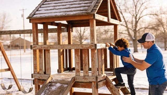 Father guiding young boy climbing snowy wooden playground ladder in winter park