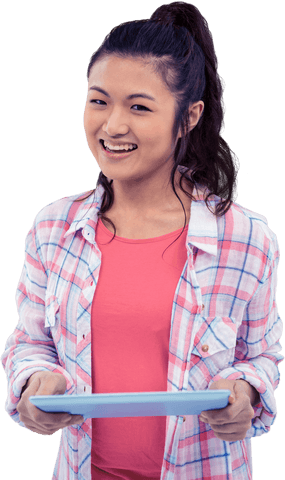 Smiling Woman Holding Tablet Technology Concept Transparent Background