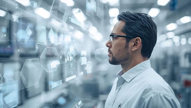 Engineer observing holographic interface and monitoring data visualization in lab