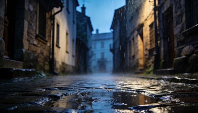Rainy cobblestone alley at dusk with splashing puddle and warm reflections