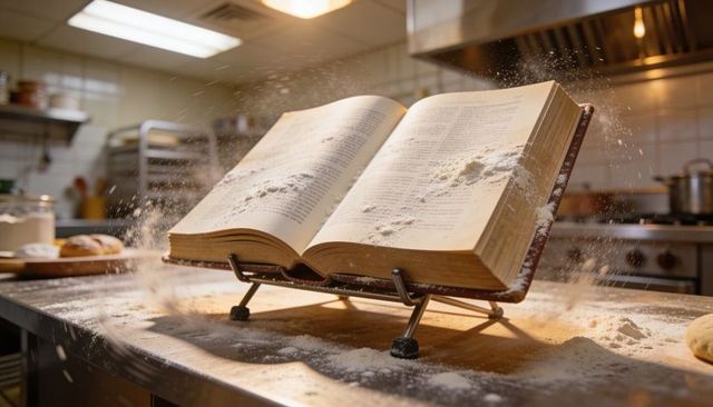 Open cookbook on metal stand dusting pages with flour in professional bakery kitchen