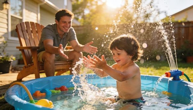 Toddler splashing in backyard paddling pool with laughing father during golden hour