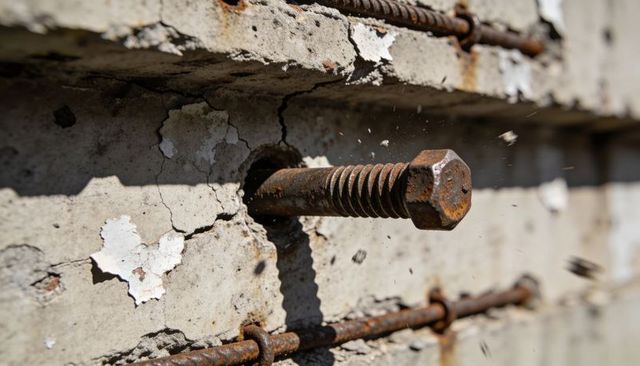 Rusty hex bolt protruding from cracked concrete with exposed rebar