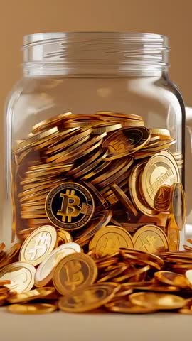 Vertical video showing glass jar filling with Bitcoin coins, camera zooming and settling