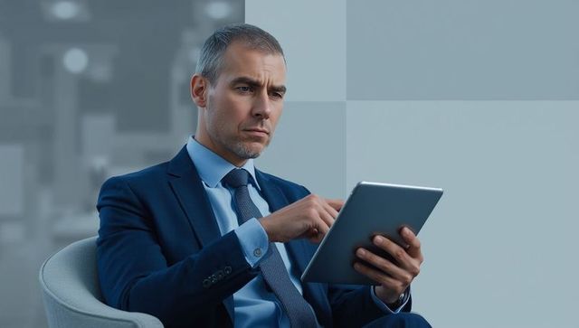 Business Executive Interacting with Tablet in Modern Office Lounge