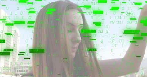Young woman taking rooftop selfie with green binary overlay, urban tech lifestyle portrait