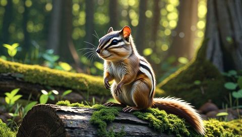 Curious Chipmunk on Mossy Log in Sunlit Forest Clearing