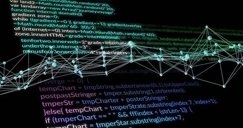 Animating 3D Network Graph Over Streaming Code Showing Glowing Neon Nodes and Mesh