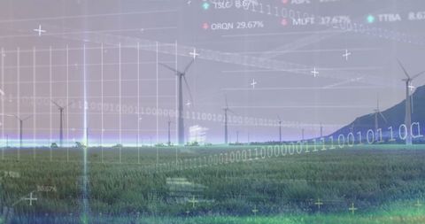 Financial Data Overlay on Wind Turbines in Eco-Friendly Technology