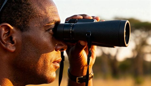 Black man scanning savannah with binoculars at golden hour, birding and wildlife