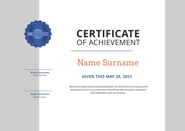 This blue seal certificate template is ideal for recognizing excellence and achievement in various fields. The elegant and professional design can be customized for special awards, academic success, employee recognition, or any type of important milestone. Perfect for organizations, educational institutions, and businesses looking to create an official and prestigious certificate acknowledging efforts, skills, or exceptional accomplishments.