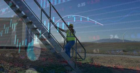 Field technician climbing wind farm stairs with financial growth overlay