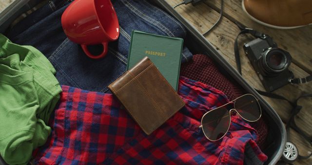 Open suitcase containing travel essentials such as a passport, a camera, sunglasses, a leather wallet, a plaid shirt, a pair of denim jeans, a green shirt, and a red mug, ideal for depicting travel readiness, vacations, trips, packing tips, or travel-related blog posts.