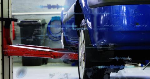 Blue car rear on hydraulic lift in auto repair garage with digital diagnostic waveforms