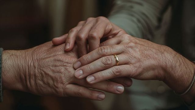 Senior hands holding in tender warmth and support with gold ring and bracelet