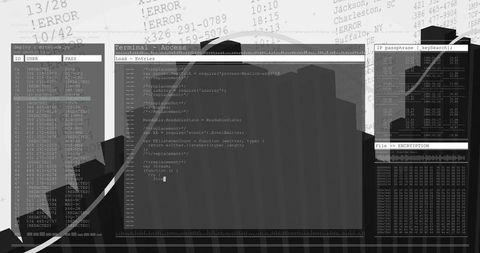 Monochrome Cybersecurity Terminal Showing Code, Blinking Cursor, Login Panel and Encryption Console