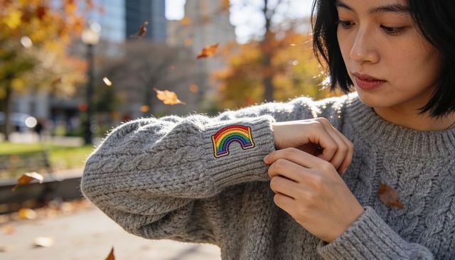 Adjusting asian woman rolling grey knit sweater cuff with rainbow patch falling autumn leaves