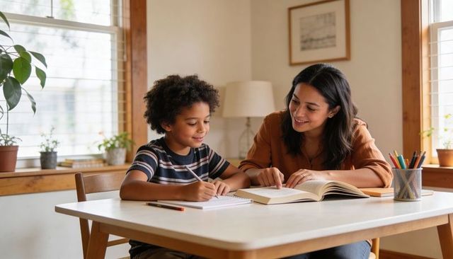 Woman tutoring young boy at home teaching reading and homework in bright natural light