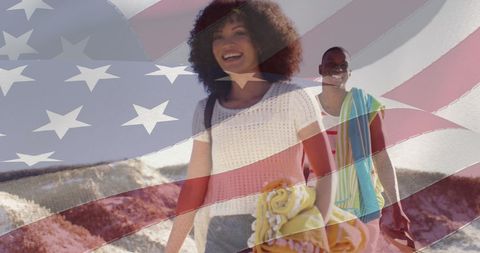 Happy African American Couple at the Beach and American Flag Overlay