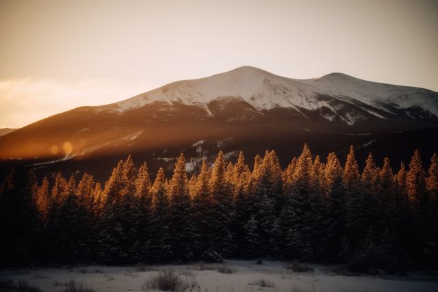 Sunrise casting golden light over snow-capped mountain and pine forest. Ideal for winter travel promotions, landscape photography, environmental campaigns, nature-inspired decorations, and outdoor adventure branding.