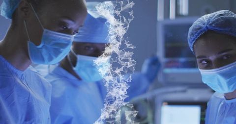 Surgical team monitoring patient with digital data visualization in operating room