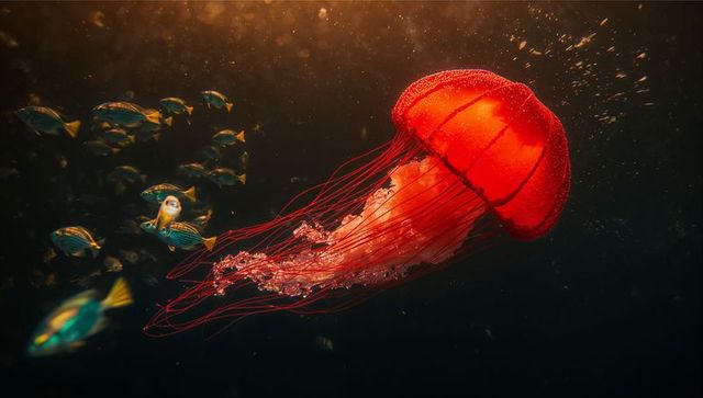 Elegant Red Jellyfish Floating in Ocean with Fish