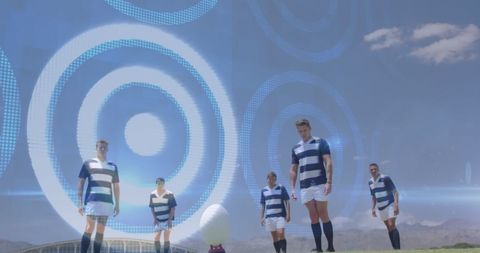 Digitally Enhanced Rugby Team with Futuristic Overlays