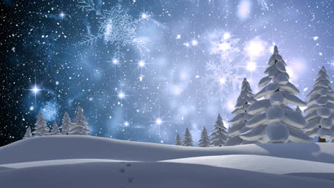 Serene Winter Wonderland with Falling Snow and Glowing Stars