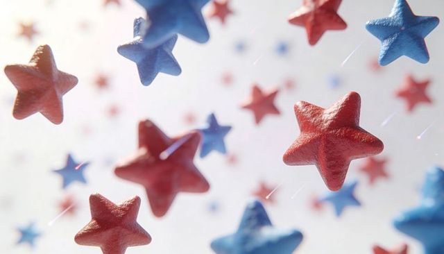 Floating red and blue puffy stars drifting in luminous textured bokeh, 3d matte decorative backgroun