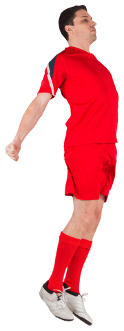 Fit football player jumping in mid-air with transparent background