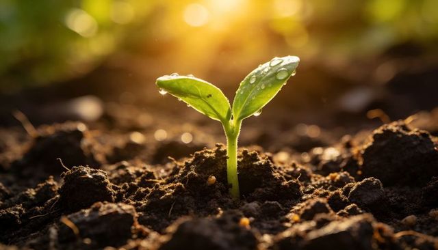 Backlit green seedling with dew emerging from rich soil at golden hour close-up