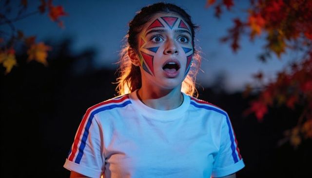 Teen girl standing, looking shocked with geometric face paint under autumn leaves at dusk