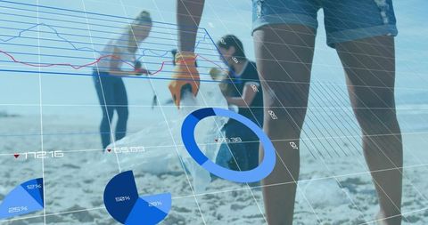 Volunteers Collecting Beach Trash with Overlay of Environmental Data