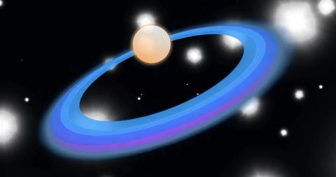 Glowing blue-ringed planet orbiting through starfield, futuristic celestial space art