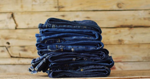 Neatly folded blue denim jeans stacked on a wooden surface against a rustic wooden background. This image is great for use in fashion retail, advertisements for jeans, e-commerce websites, blog posts on fashion and organization, and social media posts promoting casual wear.