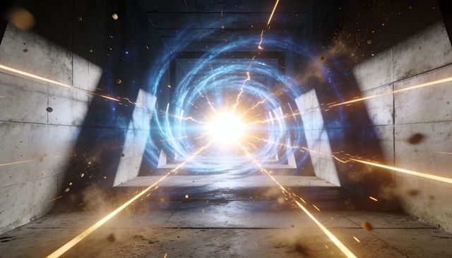 Futuristic energy vortex portal emitting blue rings and golden sparks in concrete corridor