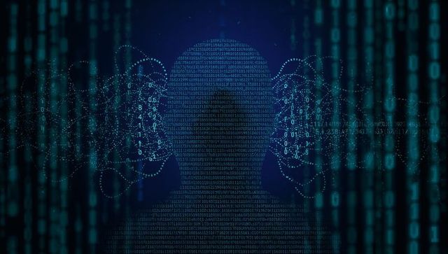 Binary silhouette emitting numeric streams with wireframe heads conveying ai identity