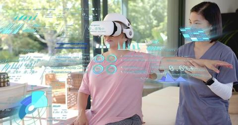 Patient wearing vr headset engaging in virtual rehab while clinician guiding holographic interface