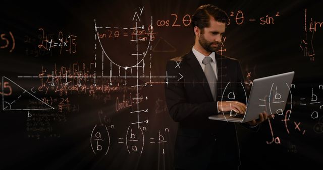 Image of mathematical equations floating over Caucasian man using a laptop in the background. Science, research and global economy concept digitally composite