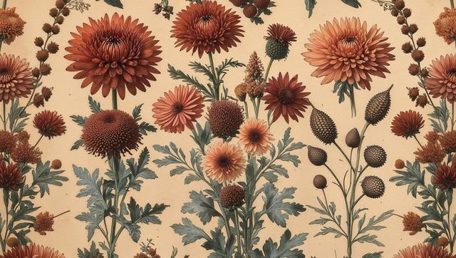 Vintage botanical wallpaper with chrysanthemum blooms