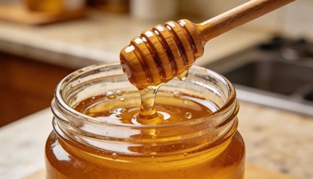 Dripping Honey Dipper Pouring Golden Honey into Glass Jar Closeup Macro Warm Kitchen Light