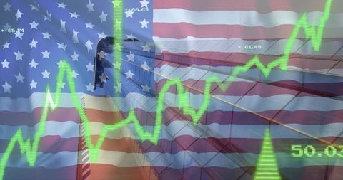 American flag overlaying skyscraper showing rising green stock chart and market data
