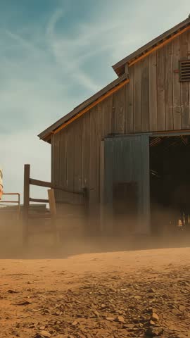 Rancher Stepping into Corral Kicking Up Dust Beside Weathered Barn Vertical Video